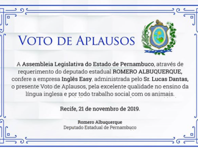 O Inglês EASY recebeu um Voto de Aplausos na Assembléia Legislativa